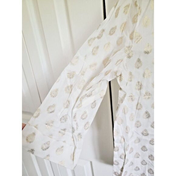 Chico's 3 Cotton Embellished Button Down Blouse Size L White/Gold 3/4 Slv India - Picture 3 of 7